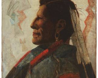 74
Hernando Gonzallo Villa
1881-1952
Portrait of a Native American Chief in profile
Mixed media on paper laid to board and the board laid to Masonite
Signed near the lower edge, at center: Hernando Villa
23.5" H x 18.5" W
Estimate: $2,500 - $3,500