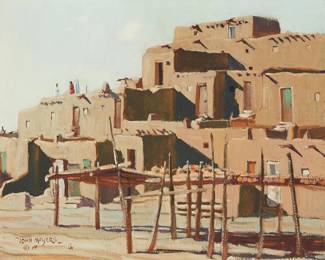 88
John Moyers
b. 1958
"Rooftop Meeting," 1999
Oil on canvas
Signed and dated lower left: John Moyers / © 99 CA; signed, dated, and inscribed again, and titled, all on the frame's backing board
16" H x 20" W
Estimate: $2,000 - $3,000