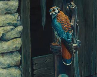 44
Robert R. Copple
b. 1963
"A Gathering at the Waterhole," 1985
Oil on Masonite
Signed and dated upper right: © Robert R. Copple 85; titled on an index card attached to the backing board
31" H x 15" W
Estimate: $1,000 - $1,500