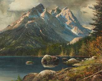 127
Robert William Wood
1889-1979
"Cathedral Group, Grand Tetons, Lake Jennie," circa 1956
Oil on canvas
Signed lower right: Robert Wood; titled and with the artist's name and copyright ink stamps, all verso
24" H x 40.25" W
Estimate: $3,000 - $5,000