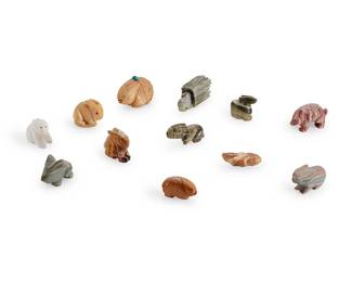 290
A group of Zuni carved stone rabbit fetish figures
Mid/late 20th century
Some variously signed by the artist
Comprising twelve rabbit figures from various makers such as Melissa Quam, Patricia Wayne, Arnie Claudia Calaraza, Arvella Cheama, Georgette Quam, and Emory Eriacho, most with turquoise, jet, or coral inlaid features, one possibly petrified wood mounted with offerings
12 pieces
Largest: 1.75" H x 2.375" W x 1.5" D; Smallest: 0.875" H x 2.125" W x 0.875" D
Estimate: $200 - $400