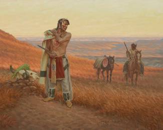 12
Tom Saubert
b. 1950
"Medicine Effigy," 1991
Oil on canvas
Signed and with the artist's device at the lower edge, left of center: T. Saubert ©; titled in ink on an artist's label affixed verso; dated by repute
16" H x 24" W
Estimate: $800 - $1,200