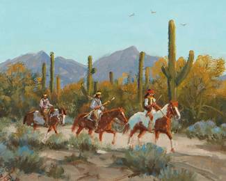 16
Ron Stewart
b. 1941
"Hostiles"
Oil on panel
Signed and with the artist's device lower left: Ron Stewart; signed again and with the artist's device, copyright, and title in ink, all verso
8" H x 10" W
Estimate: $400 - $600
