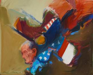 45
Joan Savo
1918-1992
"Whirly Bird Child Killer," circa 1967
Oil on canvas
Signed lower right: J. Savo; signed again and titled on a partial label affixed verso
46" H x 45" W
Estimate: $12,000 - $18,000