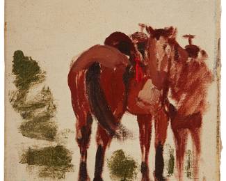 118
Edgar Alwin Payne
1883-1947
Study for two saddled ponies
Oil on canvasboard
Signed lower left: Edgar Payne
6.625" H x 6.375" W
Estimate: $1,000 - $1,500