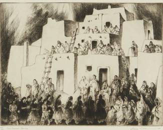160
Gene Kloss
1903-1996
"Corn Dancers Coming," 1975
Etching and drypoint on wove paper
Edition: 45/50
Signed, titled, and numbered in pencil in the lower margin: Gene Kloss NA
Plate: 11" H x 13.75" W; Sight: 11.5" H x 14.25" W
Estimate: $600 - $800