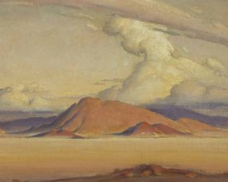 110
Clyde Forsythe
1885-1962
Chinook winds, desert view
Oil on Masonite
Signed lower right: Clyde Forsythe
11.875" H x 16" W
Estimate: $500 - $700