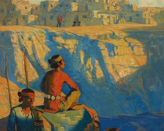 75
Hernando Gonzallo Villa
1881-1952
Figures with a view of Walpi Pueblo, Arizona
Oil on board
Signed, inscribed, and with the artist's device lower left: Hernando G. Villa / "LA, CAL."
33" H x 29.5" W
Estimate: $3,000 - $5,000