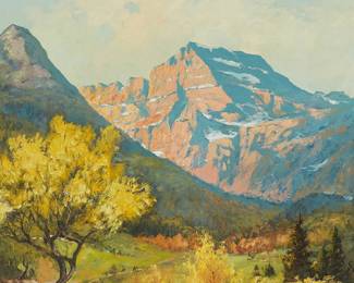 136
Alexander Dzigurski
1911-1995
"Many Glacier (East 6L), Montana"
Oil on canvas
Signed lower right: A. Dzigurski; titled in pencil on the stretcher
30.5" H x 26.125" W
Estimate: $1,000 - $2,000