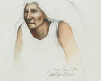 26
Frank Howell
1937-1997
"Santa Clara Potter," 1988
Watercolor and graphite on paper
Signed, titled, and dated in pencil, lower right: Frank Howell © 1988
Sight: 8.125" H x 7.125" W
Estimate: $600 - $800