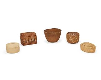 236
A group of Northwest Coast baskets
Mid-20th century
The twined baskets, each woven in various styles, comprising two lidded baskets, one openwork round basket, another openwork lidded rectangular basket, and a tightly woven round spruce basket
5 pieces
Tallest (spruce): 6.125" H x 9.5" Dia.; Shortest (lidded oval): 3.875" H x 8" W x 5.25" D
Estimate: $300 - $500