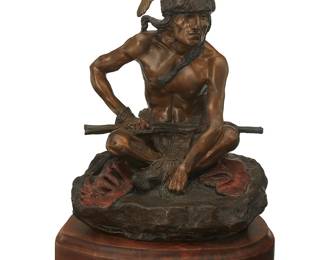 260
After Charles Marion Russell
1864-1926, American
"Watcher of the Plains," original cast 1901, recast 1981
Patinated and cold-painted bronze on wood plinth
Edition: 25/100, with 6 private castings
Bears inscription: CMR; with additional marking: Cottonwood; further marked: Nancy C. Russell Estate / Cast from an Original Model; attributed and titled to metal plaque applied to plinth
Bronze: 11" H x 8.375" W x 7.5" D; Overall: 13" H x 9.375" W x 8.625" D
Estimate: $300 - $500