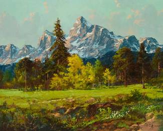 135
Alexander Dzigurski
1911-1995
"Grand Teton"
Oil on canvas
Signed lower right: A. Dzigurski; titled by repute
24" H x 36" W
Estimate: $1,000 - $2,000