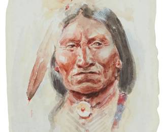 25
Joe Beeler
1931-2006
"Little Chief-Comanche," 1990
Watercolor with traces of graphite on paper
Signed lower right: Joe Beeler / CA; dated by repute
Image/Sheet: 8.25" H x 6.375" W (irreg.)
Estimate: $600 - $800