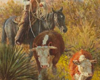 183
Wayne Baize
b. 1943
"Through Brush and Cactus"
Oil on canvas
Signed lower left: Wayne Baize © CA; titled on the frame plaque
12" H x 9" W
Estimate: $700 - $900
