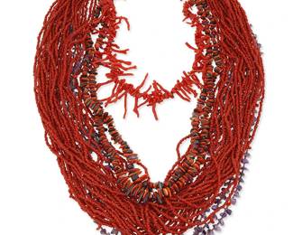 273
A group of Southwest-style coral and stone necklaces
Mid/late 20th century
Four works comprising a delicate three-strand amethyst, coral, and heishi necklace, a double-strand graduated coral and purple stone nugget necklace, a single strand necklace of red branch coral, and a large multistrand fine coral heishi bead necklace, 4 pieces
Largest: 32" L; smallest: 18" L
437.0 grams gross
Estimate: $400 - $600