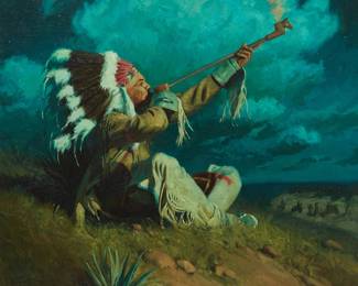 43
Bruce R. Greene
b. 1953
"The Horse Pipe," 1996
Oil on canvas
Signed and inscribed lower left: Bruce R. Green © / CA; signed again and titled in ink on the upper portion of the stretcher; dated on the sales invoice
24" H x 30" W
Estimate: $5,000 - $7,000