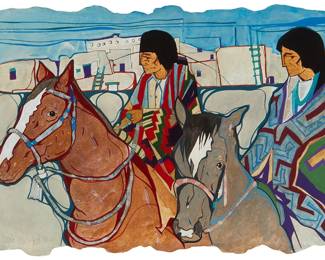 62
Amado Maurillo Peña
b. 1943, Pascua Yaqui
"Vista Al Pueblo," from the "Mestizo Series," 1997
Oil on handmade paper
Signed lower left: Amado Maurillo Peña; signed again, dated, and inscribed in ink directly on a Peña Studios information sheet affixed to the frame's backing board: 1997 / "Capture the Spirit"; dated again and titled in ink on the artist's label affixed to the frame's backing board
Image/Sheet: 11" H x 15" W
Estimate: $300 - $500
