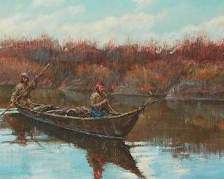 114
Frank D. Hagel
b. 1932
"The Voyageur," 1981
Oil on canvas
Signed and dated lower left: Hagel 1981; titled in blue ink on a gallery label affixed to the verso of the frame
15" H x 30" W
Estimate: $1,500 - $2,500