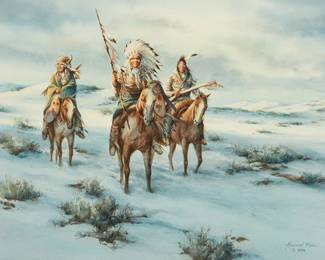 14
Howard Rees
b. 1941
Native Americans on horseback in a winter landscape, 1988
Watercolor on paper
Signed and dated lower right: Howard Rees / © 1988
Sight: 20.5" H x 28.75" W
Estimate: $700 - $900