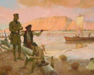 117
Kenneth Riley
1919-2015
"Lewis and Clark," 1985
Oil on Masonite
Signed and inscribed lower right: Kenneth Riley CA ©; titled on the frame plaque; signed again on a label affixed verso; dated by repute
16" H x 28" W
Estimate: $8,000 - $12,000