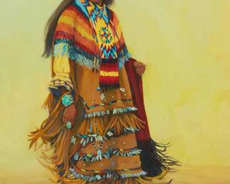 60
Carol Theroux
1930-2021
"Apache Buckskin," 1983
Acrylic on board
Signed and dated lower right: Carol Theroux / © '83; signed again and inscribed on the frame's backing paper: "To Jane & Arnold / with my very best / wishes. / Carol Theroux / May 11, 1985"; titled on a certificate of authenticity affixed to the frame's backing paper
Sight: 16.5" H x 12.5" W
Estimate: $500 - $700