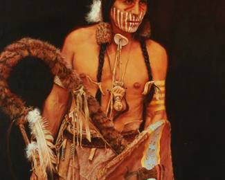53
John Bruce
1931-2018
"War Paint"
Oil on canvas
Signed lower right: Bruce; titled on the frame plaque
30" H x 24" W
Estimate: $2,000 - $3,000