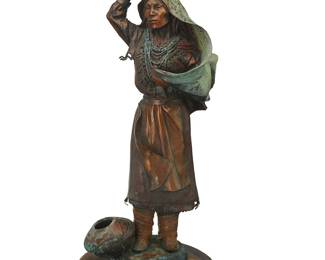 147
Susan Osterman Kliewer
b. 1940
"Woman at the Well"
Patinated and cold-painted bronze on rotating wood plinth
Edition: AP 3/40
Signed and numbered in the casting: Susan Kliewer; titled and attributed to metal plaque applied to plinth
Bronze: 17.5" H x 7" W x 5" D; Overall: 19" H x 7.875" W x 7.125" D
Estimate: $800 - $1,200