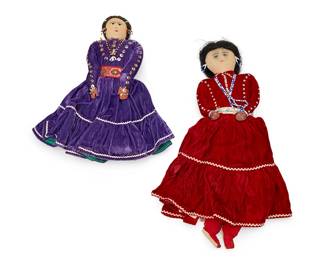 284
Two Navajo beaded fabric dolls
Mid-20th century
Each doll with velvet dresses adorned with beads, featuring necklaces, earrings, and fabric belts
2 pieces
Larger: 18" H x 12" W x 2.5" D; Smaller: 13.75" H x 9.75" W x 3.5" D
Estimate: $50 - $75