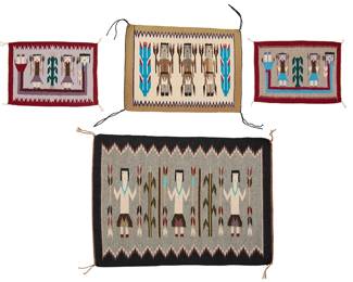 213
A group of Navajo Yei textiles
Mid/late 20th century, Diné
Each woven in multicolor wool, depicting Yei figures holding corn stalks, the two smallest with rainbow guardians
4 pieces
Largest: 20.25" H x 27.25" W; Smallest: 9.75" H x 13.5" W
Estimate: $400 - $600