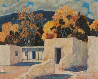 86
Walter Bambrook
1910-1984
New Mexican Adobe home, circa 1950s
Oil on canvas
Signed lower right: Bambrook; dated by repute
24.125" H x 29.125" W
Estimate: $1,500 - $2,500