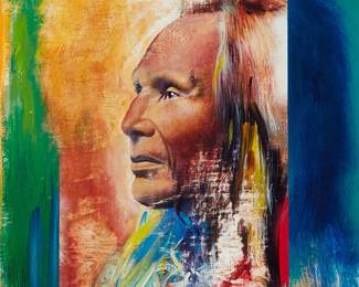 64
Rick Garcia
20th/21st century
Portrait of a Native man, 2005
Acrylic on panel
Signed lower right: Rick Garcia; signed again and dated verso
Sight: 23.75" H x 23.75" W
Estimate: $500 - $700