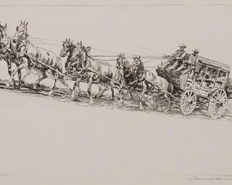 157
Edward Borein
1872-1945
"The Mud Wagon, No. 1"
Etching and drypoint on Umbria Italia paper
From the edition of unknown size
Signed in pencil in the lower margin, at right: Edward Borein; titled in pencil in another hand in the lower left margin corner
Plate: 7.25" H x 11.125" W; Sheet: 10.25" H x 15.125" W
Estimate: $600 - $800