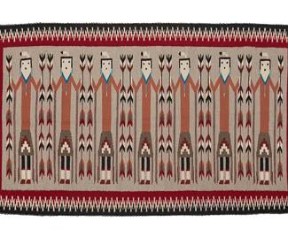 206
A Navajo Yei textile
Mid-20th century, Diné
Woven in red, black, cream, grey, dark grey, ochre, and turquoise wool, depicting seven Yei figures, each holding corn stalks, within elaborate sawtooth upper and lower borders
36.5" H x 61" W
Estimate: $800 - $1,200