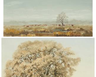 184
Lorna Dillon (b. 1940)
Two works:

"Grazing"
Oil on canvas
Signed lower right: Lorna Dillon; titled and inscribed in ink on the upper portion of the stretcher: "Painted for the Death Vallery Show, 1986 / Chosen for auction," and "For Jack / Best Wishes and warmest regards Lorna"
11" H x 14" W

"Hereford's Hangout," 1986
Oil on canvas
Signed and dated lower left: Lorna Dillon / © 86; signed and dated again, titled, and inscribed in ink on the frame, verso: "Painted September, 1986 / Especially for Arnold + Jane Dunyon / By Lorna Dillon"
11" H x 14" W
Estimate: $600 - $800