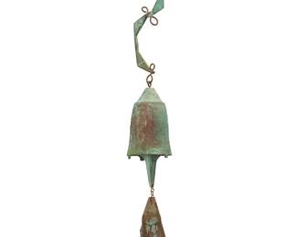 168
Paolo Soleri (1919-2013)
A Cosanti wind bell, mid/late 20th century; Paradise Valley, AZ
With cast Paolo Soleri cipher
The cast bronze bell with clapper, two upper links, and sheet copper fin
Overall: 23.5" H; Bell: 7.5" H x 3.375" Dia.; Fin: 5.5" H x 5.125" W
Estimate: $100 - $200