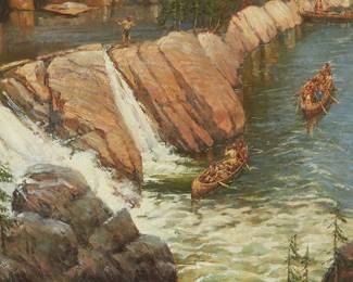 115
Frank D. Hagel
b. 1932
"Scouting a Portage Route," 1990
Oil on Masonite
Signed and dated lower left: Hagel 1990 ©; titled on the frame plaque
24" H x 36" W
Estimate: $2,000 - $3,000