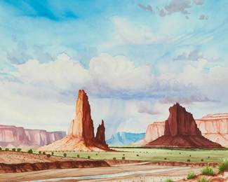 106
Robert Draper
1938-2000
"Spring Has Arrived" (New Mexico), 1990
Watercolor and gouache with traces of graphite on paper
Signed lower left: Robert Draper; signed again, titled, and dated "1990" in blue ink, presumably on a previous frame's backing board, a section of which is affixed to the frame's backing paper
Sight: 19" H x 22" W
Estimate: $300 - $500