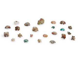 303
A group of Zuni carved stone frog fetish figures
Mid/late 20th century
Comprising twenty-three frog figures from various makers such as Alex Poncho, Louise Singer, Todd Ponch, Laura Quam, and Georgia Quam, most with turquoise or jet inlaid features, two mounted with offerings, one carved from bone
23 pieces
Largest: 1.375" H x 2.25" W x 1.25" D; Smallest: 0.5" H x 0.875" W x 0.625" D
Estimate: $200 - $400