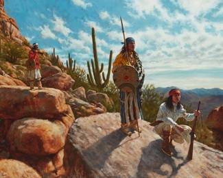 10
James Ayers
b. 1969
"Sentinels of the Sonoran Desert" (Apache), 2014
Oil on canvas
Signed and dated lower left: James Ayers / 2014; signed again and titled in pencil, verso; titled and dated again on a label affixed to the stretcher bar
36" H x 48.25" W
Estimate: $4,000 - $6,000