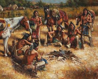 55
Don Oelze
b. 1965
"Recounting the Coup," 2007
Oil on canvas
Signed and dated lower left: Oelze '07; titled on the frame plaque
48" H x 60" W
Estimate: $25,000 - $35,000