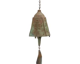 167
Paolo Soleri (1919-2013)
A Cosanti wind bell, mid/late 20th century; Paradise Valley, AZ
With cast Paolo Soleri cipher
The cast bronze bell with clapper and sheet copper fin
Overall: 15" H; Bell: 8.5" H x 5.25" Dia.; Fin: 5.5" H x 4.75" W
Estimate: $200 - $400