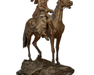129
After Carl Kauba
1865-1922, Austrian
"Mounted Indian Chief"
Patinated bronze on a green marble base
Edition: 5/100
Signed and numbered in the casting: C Kauba; titled to metal plaque applied to base
Bronze: 23.5" H x 18" W x 7.5" D; Overall: 25" H x 18" W x 9.75" D
Estimate: $500 - $700
