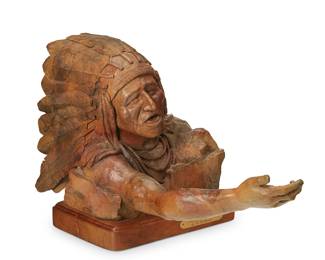 41
Keith McMasters
20th/21st Century
"Voices of the Past," 1999
Patinated bronze on wood plinth
Edition: 4/25
Signed, dated, and numbered in the casting: K McMasters ©; attributed and titled to metal plaque applied to plinth
Bronze: 13.25" H x 12" W x 26" D; Overall: 15" H x 13" W x 26" D
Estimate: $800 - $1,200