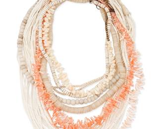 268
A group of Southwest shell, coral and trade bead strand necklaces
20th century
Ten works comprising three multistrand white heishi shell necklaces, two with traditional leather wrapped neck cords, together with two single strand graduated heishi shell necklaces, a diminutive carved shell bird fetish necklace with white shell spacers, a pale pink graduated delicate branch coral necklace, and a chunky white branch coral necklace, as well as two white bead necklaces, including a strand of white glass trade beads on a raffia cord, 10 pieces
Largest: 28" L; smallest: 19.5" L
517.1 grams gross
Estimate: $400 - $600