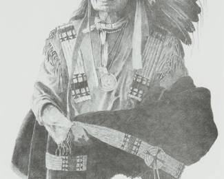 27
David Allen Halbach
1931-2022
"Brule 'Chieftain," 2001
Offset lithograph on paper
Edition: 127/700
Signed and numbered in pencil in the lower margin: David Halbach CA; with the printed signature, title, and date, also all in the lower margin
Image: 13.75" H x 9.75" W; Sight: 16.75" H x 10.75" W
Estimate: $300 - $500