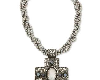 295
A Southwest-style silver and set gemstone cross pendant necklace
Circa 2000
With etched marks verso: HL-RRR [slight illegible signature] / Taos 2000 / Silver + Gold Fill
Comprising a large cross pendant with elaborate stampwork and set central mabé pearl and opals, suspended from an associated four-strand grey freshwater pearl necklace, 2 pieces
Pendant: 3.5" H x 2.625" W; necklace: 18" L
122.0 grams gross
Estimate: $300 - $500