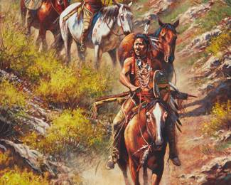 56
Don Oelze
b. 1965
"An Old Trail"
Oil on canvas
Signed lower left: Oelze; titled on the frame plaque
50" H x 34" W
Estimate: $20,000 - $30,000