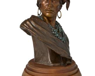 32
Susan Osterman Kliewer
b. 1940
"Keeper of the Eagle," 2003
Patinated and cold-painted bronze on rotating wood plinth
Edition: 7/45
Signed, dated, and numbered in the casting: Susan Kliewer ©; titled and attributed to metal plaque applied to plinth
Bronze: 18.25" H x 13.75" W x 11" D; Overall: 22.25" H x 15" W x 14.5" D
Estimate: $700 - $900