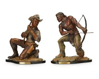 153
Todd Paxton
20th century
"Adversaries"
Two patinated and cold-painted bronze sculptures on stone plinth, as issued
Edition: 7/50
Each signed and numbered in the casting: Paxton
2 pieces
Taller overall: 11.5" H x 9.625" W x 6.5" D; Shorter overall: 11" H x 9.25" W x 6.625" D
Estimate: $300 - $500